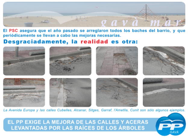 Folleto editado por el PPc de Gav sobre el mal estado del asfalto de algunas calles de Gavà Mar